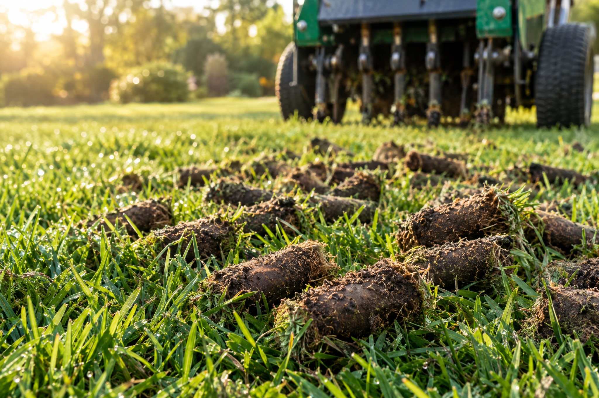 Soil cores scattered across a green lawn after core aeration