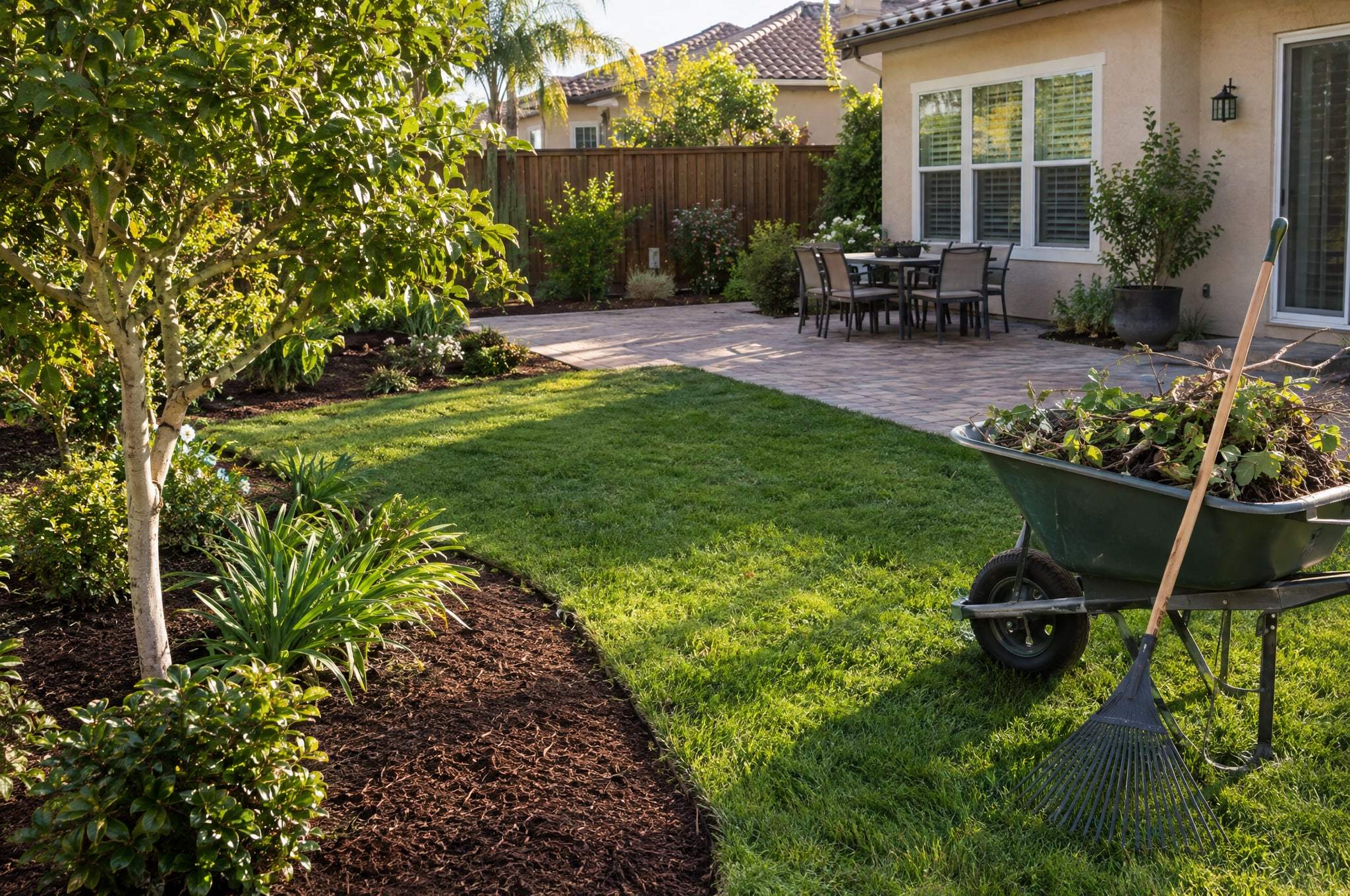 Tidy backyard with freshly mulched planting beds and a wheelbarrow full of trimmings
