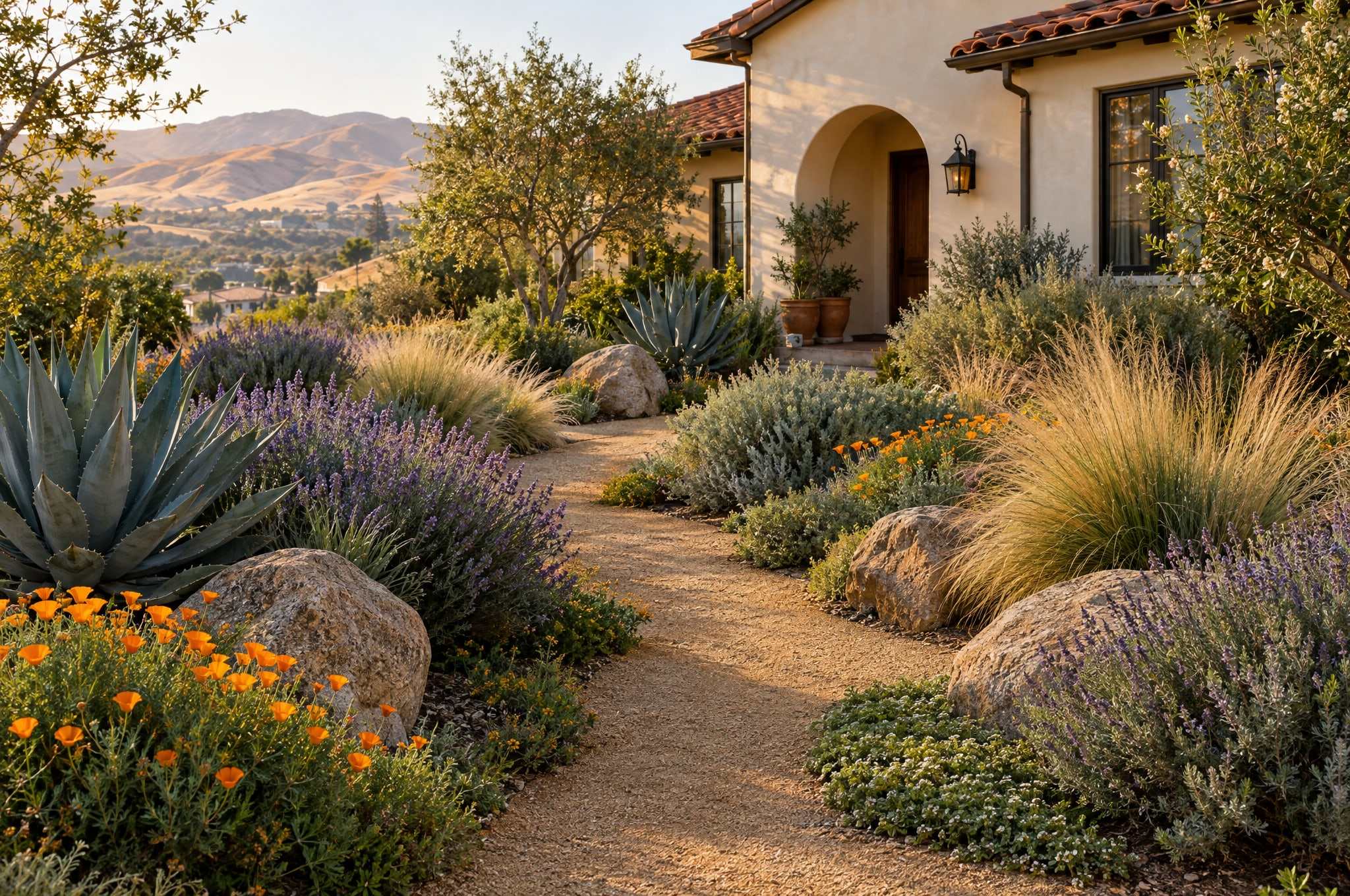 Water-wise front yard with lavender, agave, boulders and decomposed granite