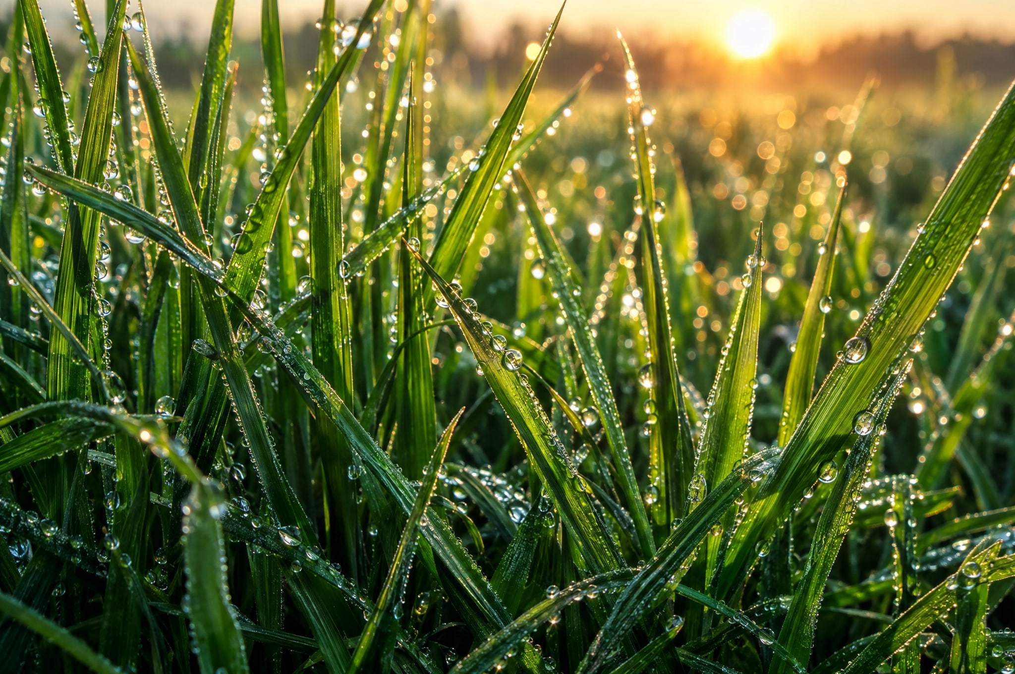 Macro of dewy tall fescue blades at sunrise