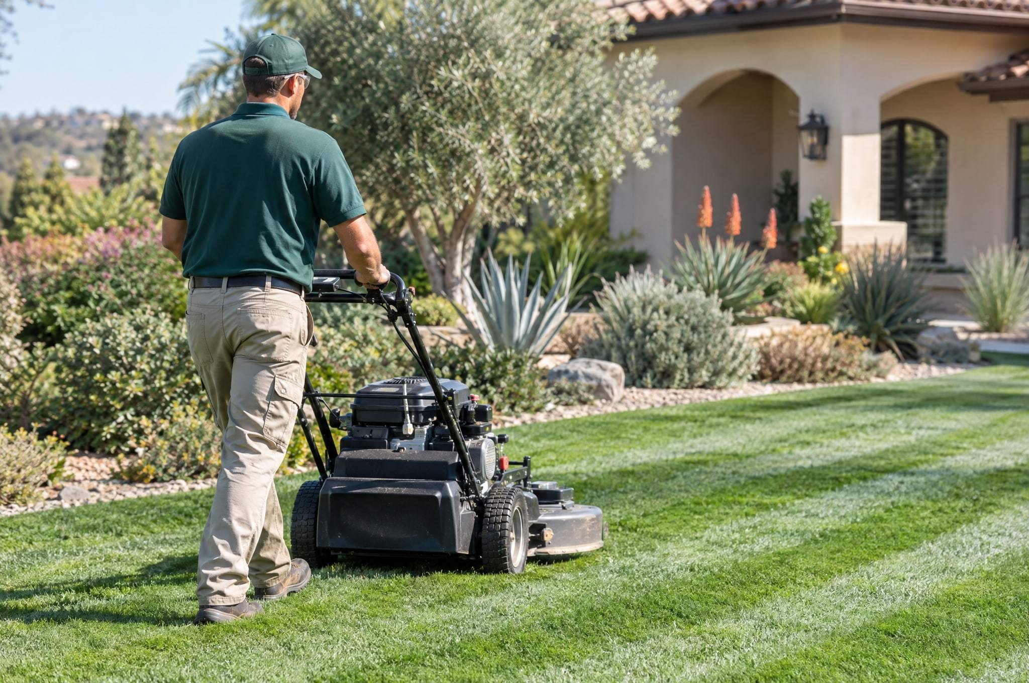 Lawn care technician in a green polo mowing clean stripes into a Santa Clarita front lawn