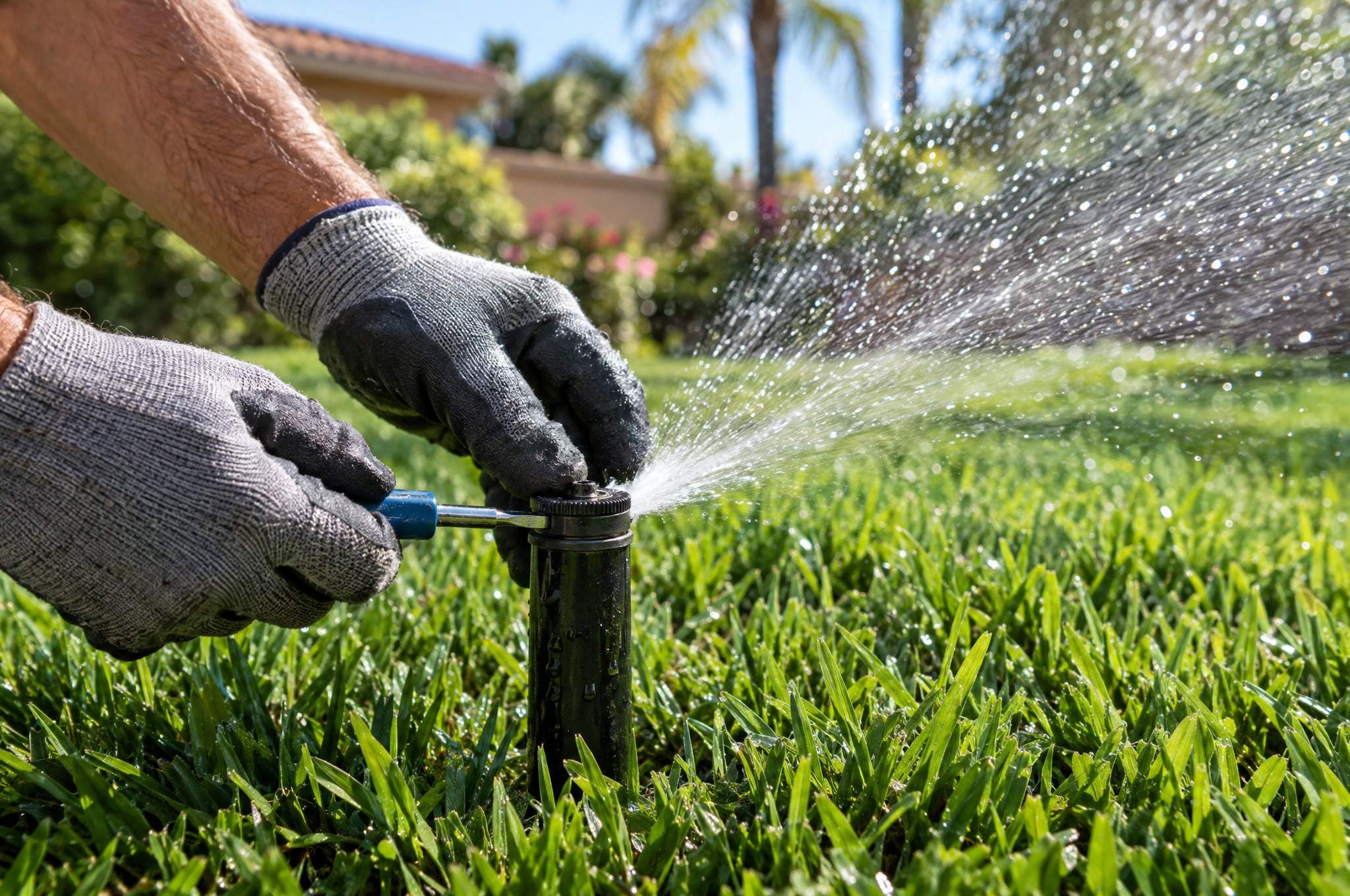 Gloved hands adjusting a pop-up sprinkler head in a lawn